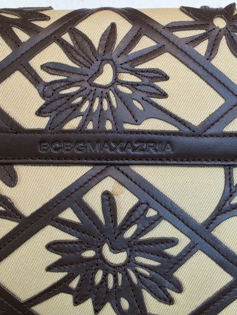 BCBGMAXAZRIA Vintage Floral Cutout Leather Canvas Satchel - Picture 6 of 6
